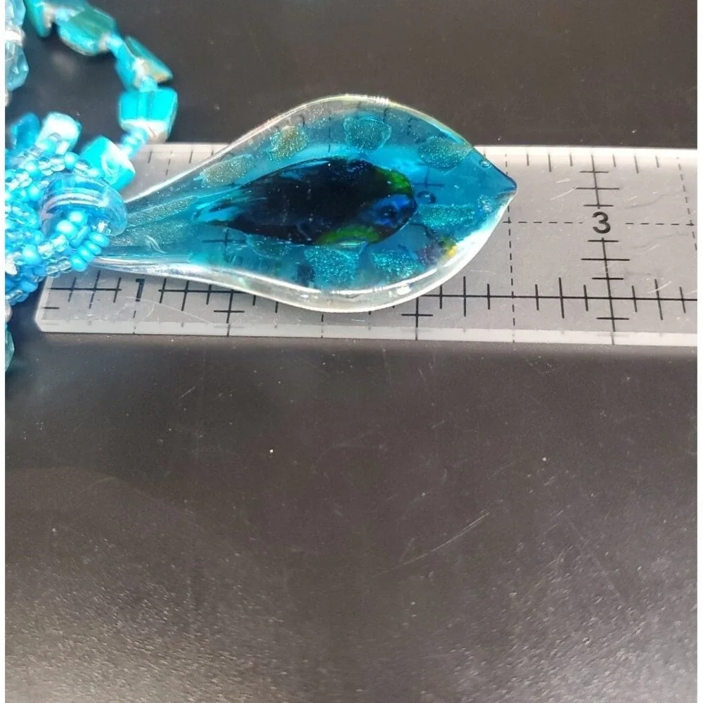 Dyed Abalone Shell And Glass Beaded Necklace With Large Blown Glass Pendant 20+